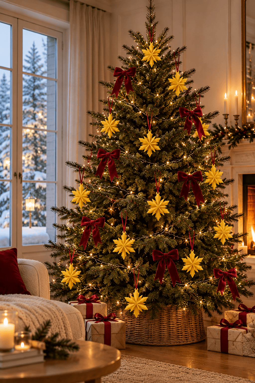 Brad de Crăciun amplasat într-o atmosferă festivă, decorat cu ornamente galbene în formă de fulg de zăpadă, realizate manual din ceară naturală de albine.