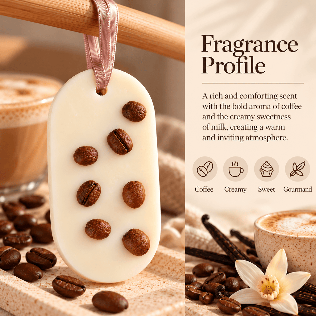 Scent notes of the coffee wardrobe freshener, with coffee, milk and creamy aromas.