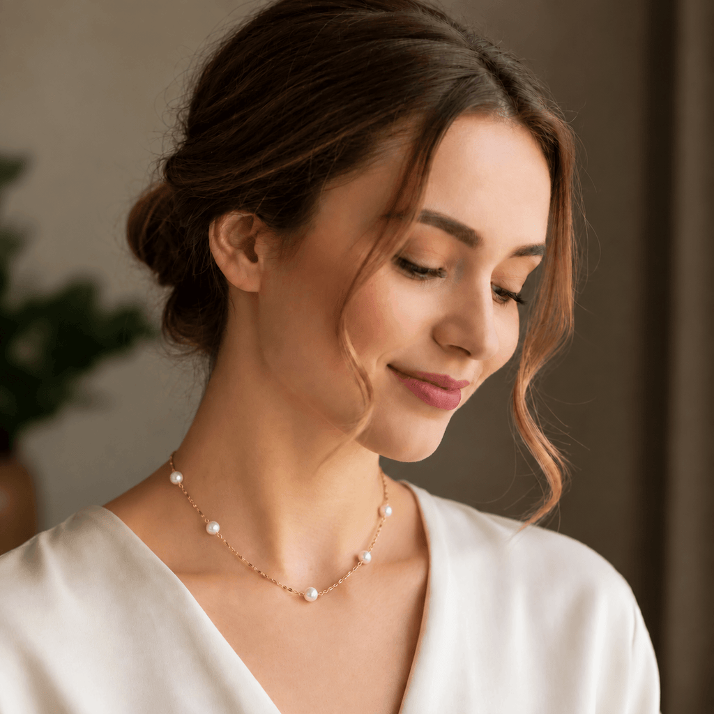 Colier din argint 925 cu perle naturale, purtat de model