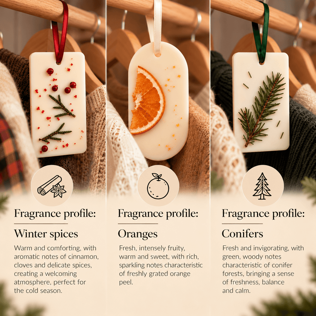 Set of 3 wardrobe freshener made from natural soy wax with winter fragrances: winter spices, oranges and conifers.