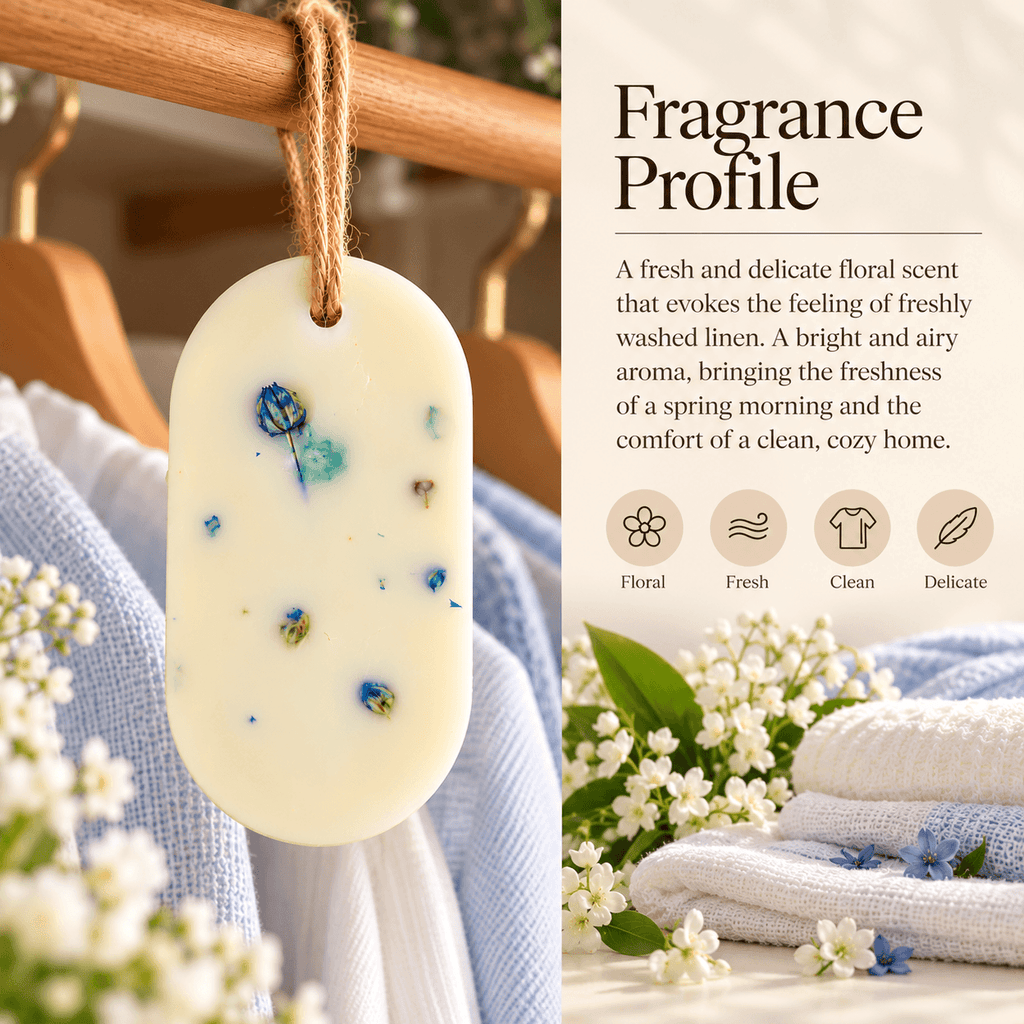 Scent notes of the fresh linen wardrobe freshener, with fresh and clean aromas.