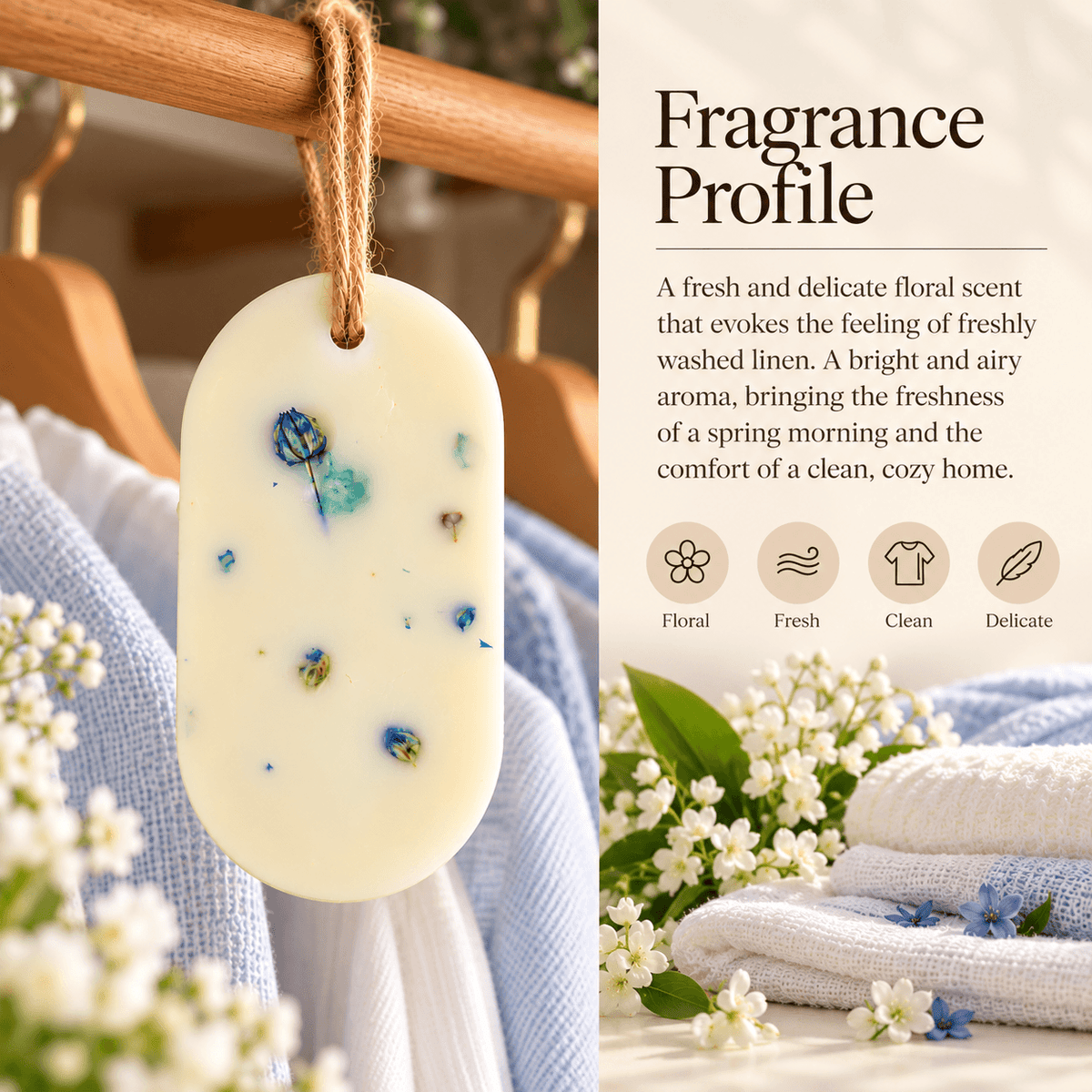 Scent notes of the fresh linen wardrobe freshener, with fresh and clean aromas.