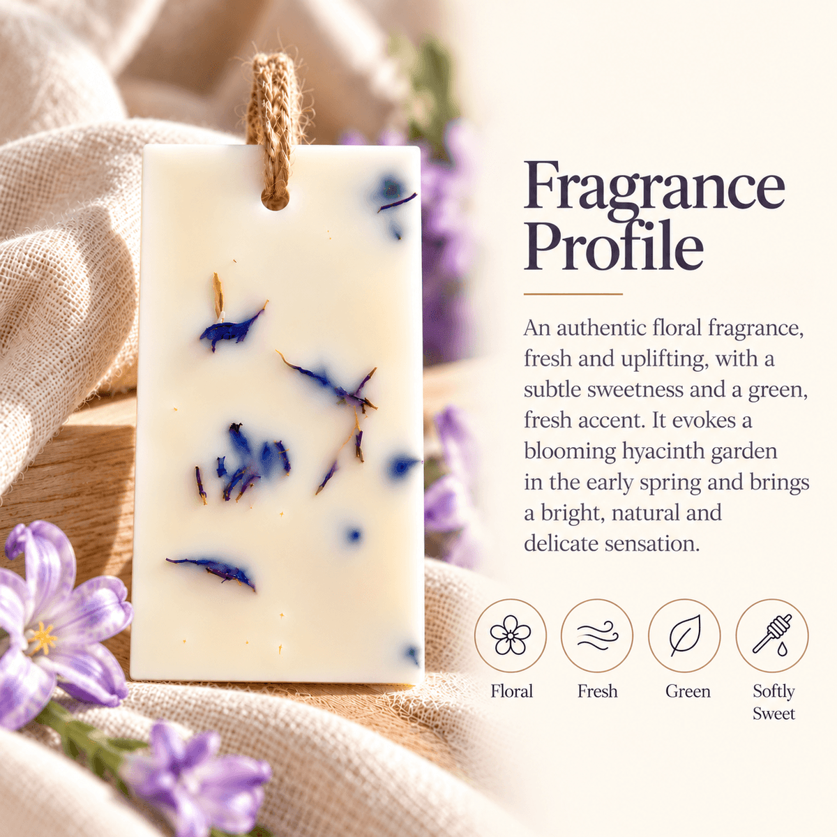 Scent notes of the hyacinth wardrobe freshener, with spring flowers aromas.