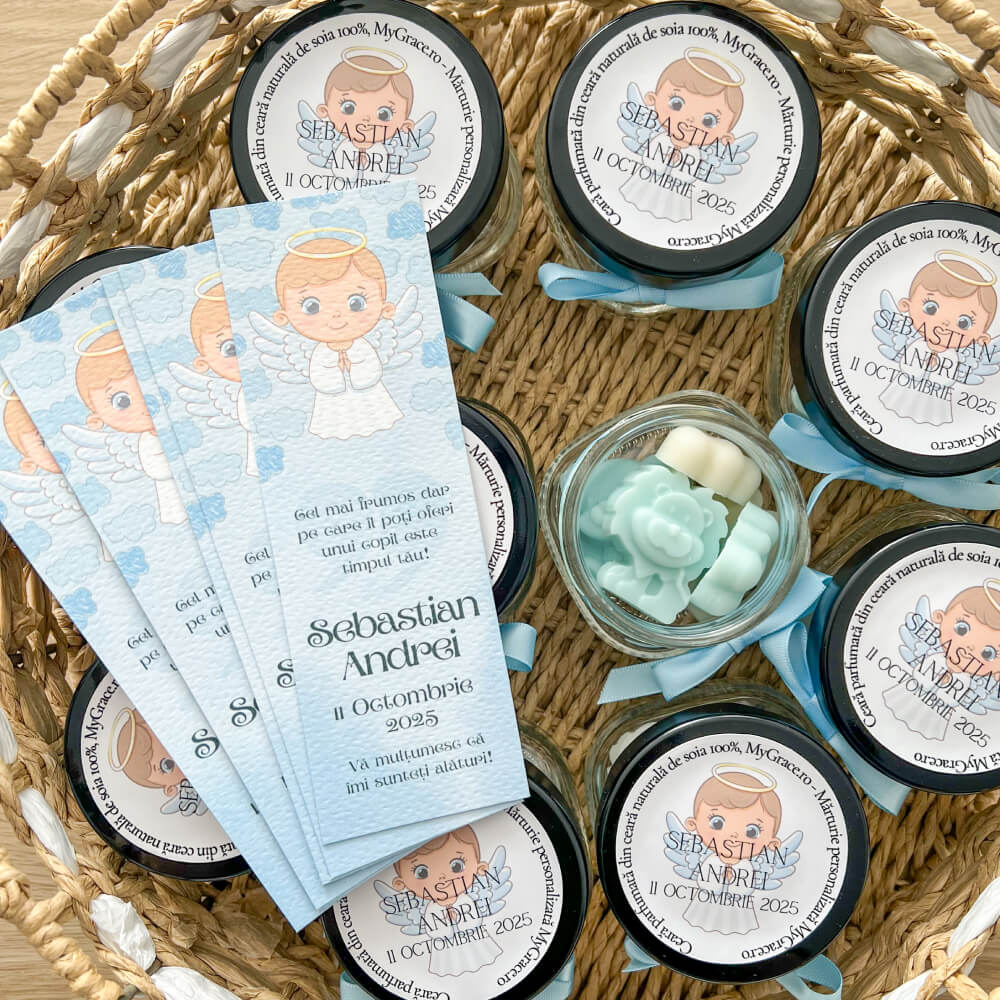marturii botez baiat borcan ceara parfumata wax melts soia MYGRACE