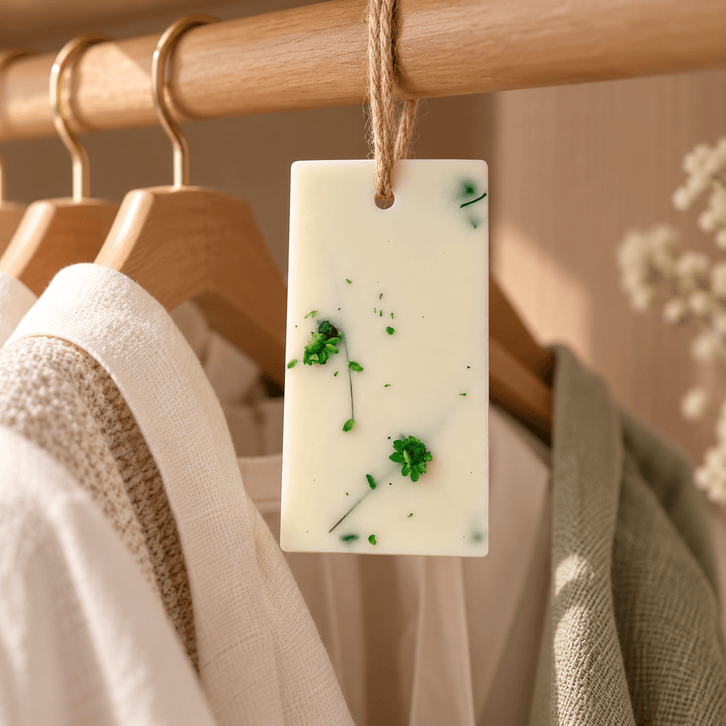 Odorizant pentru dulap din ceară naturală, cu parfum citric și bergamotă, agățat de bara de umerașe din dulap.
