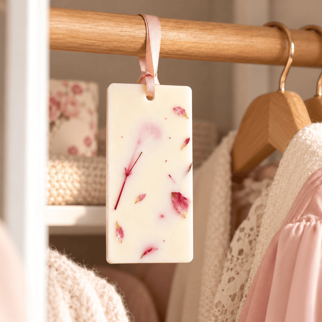 Odorizant pentru dulap din ceară naturală, cu parfum floral-dulce și fructat, suspendat pe bara de umerașe.