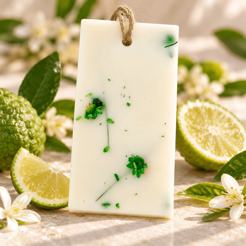 Odorizant pentru dulap din ceară naturală, înconjurat de felii de lime, flori albe și bergamotă.