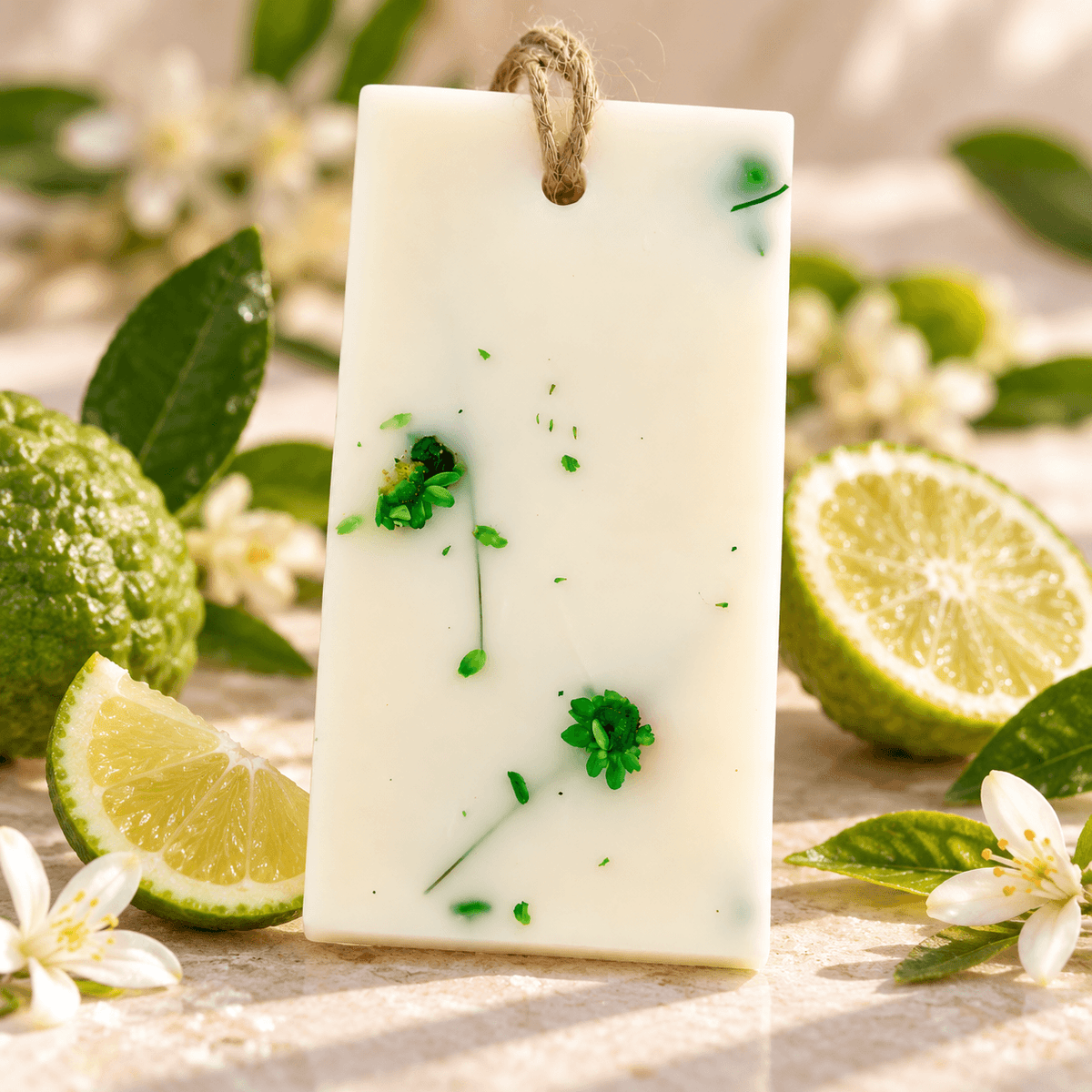 Odorizant pentru dulap din ceară naturală, înconjurat de felii de lime, flori albe și bergamotă.