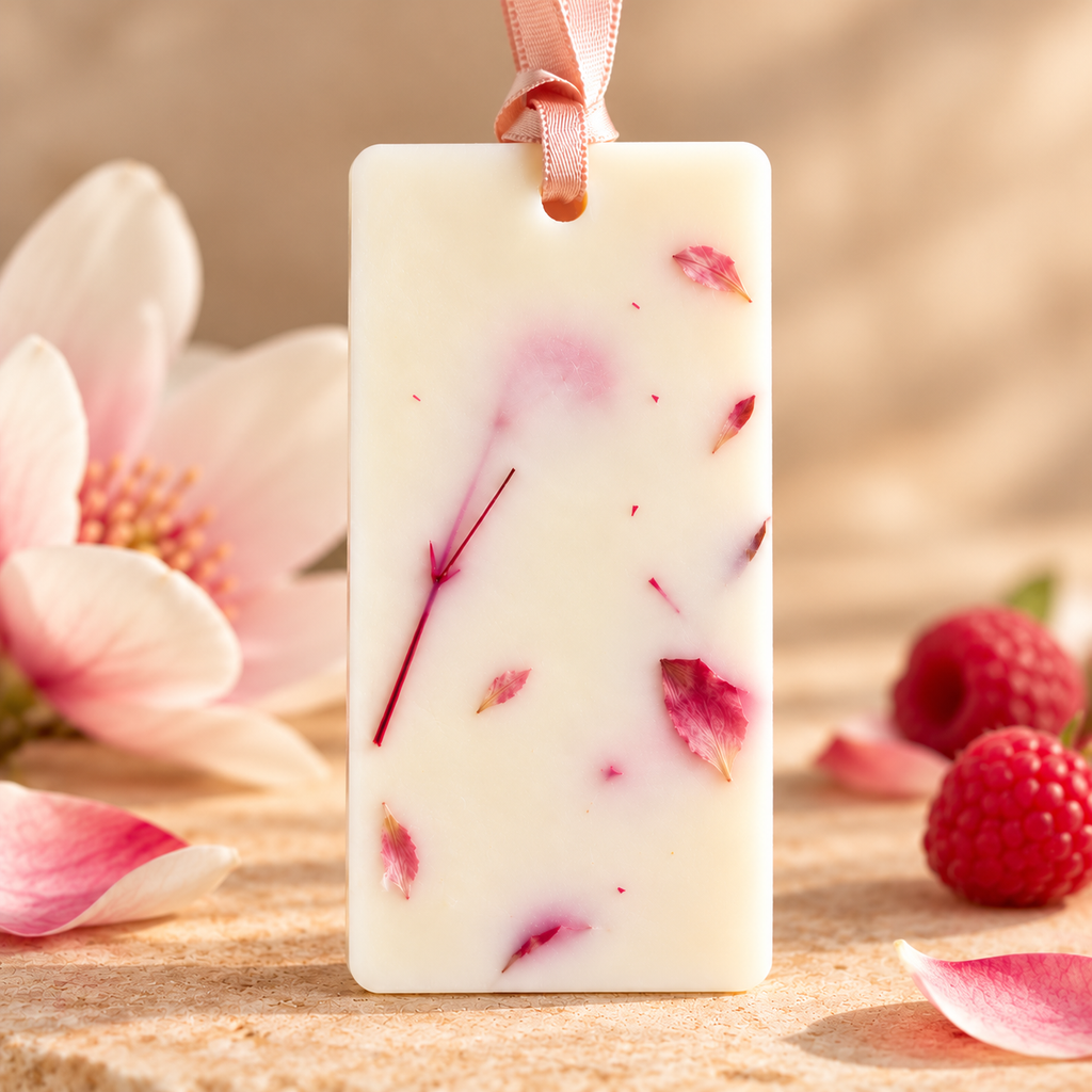 Odorizant parfumat pentru dulap, decorat cu flori uscate roz aprins și cu parfum floral dulce și fructat, cu magnolie și zmeură.