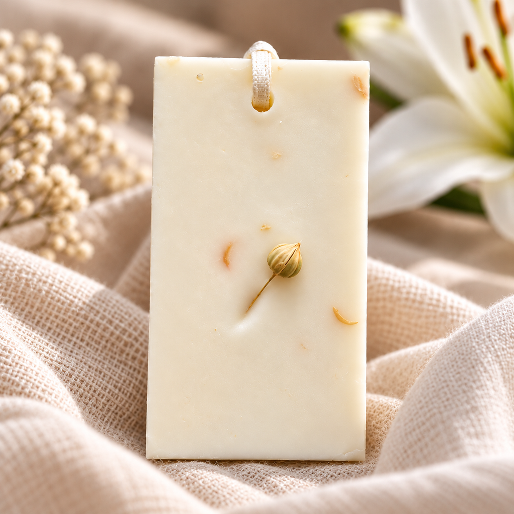 Odorizant parfumat pentru dulap din ceară naturală, decorat cu flori uscate ivory, cu parfum floral pudrat și mosc.