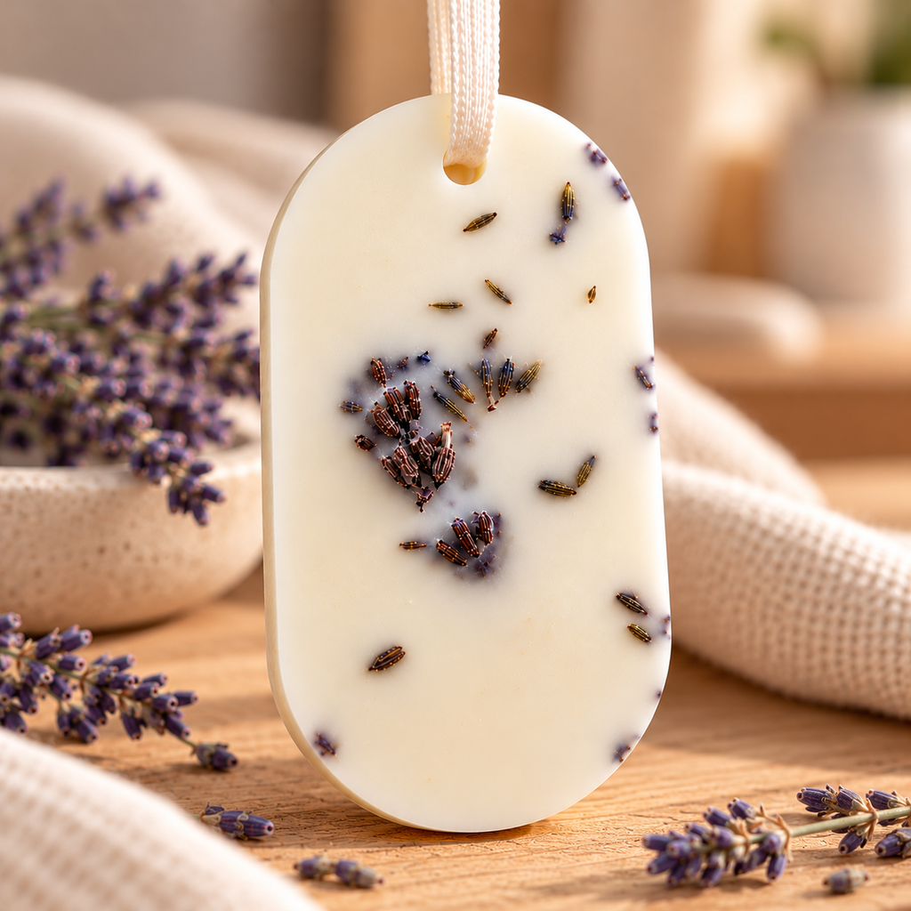 Odorizant parfumat pentru dulap din ceară naturală, decorat cu flori de lavandă, cu parfum floral de lavandă.