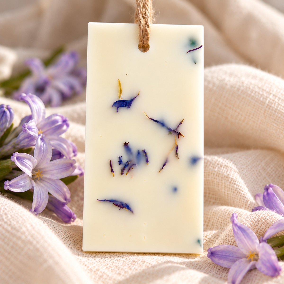 Odorizant parfumat pentru dulap din ceară naturală, decorat cu flori uscate mov, cu parfum floral de zambile.
