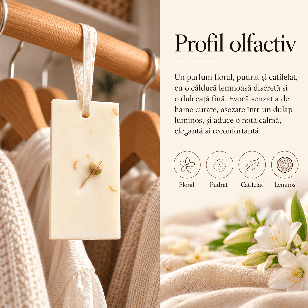Profil olfactiv al odorizantului pentru dulap, cu note delicate de flori albe și mosc.