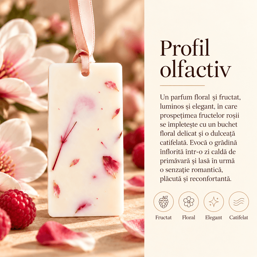 Profil olfactiv al odorizantului pentru dulap, cu note delicate florale, dulci și fructate.