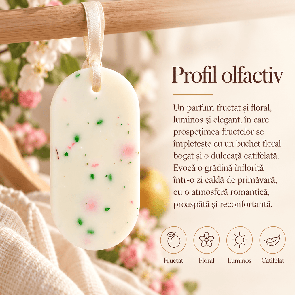 Profil olfactiv al odorizantului pentru dulap, cu note delicate de flori și fructe.