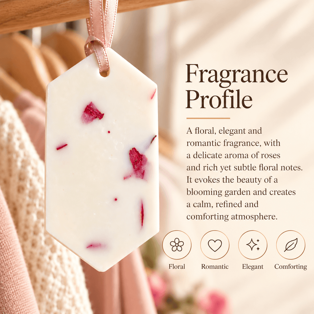 Scent notes of the rose wardrobe freshener, with floral aromas.
