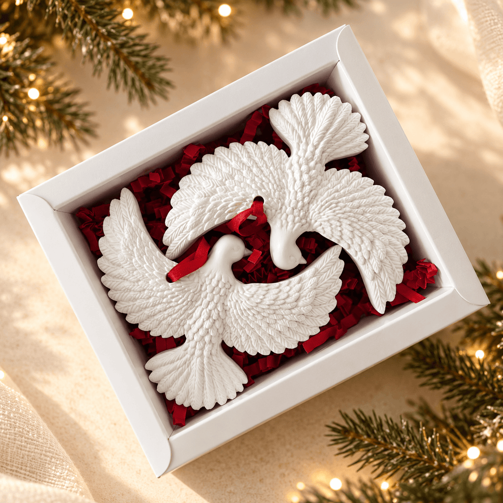 Set de două turturele albe decorative, așezate într-o cutie de cadou cu umplutură vișinie și panglici roșii.