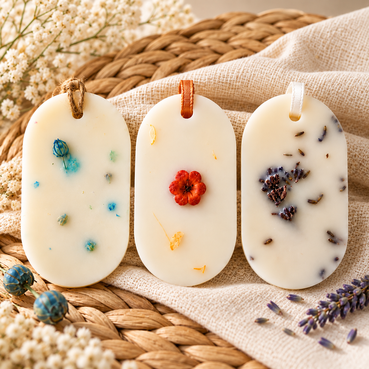 Set de 3 odorizante pentru dulap din ceară naturală, parfumuri asortate: fresh și curat, măr și scorțișoară, lavandă.